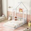Full Roof-Framed Headboard Floor Bed With Headboard Guardrails - Without Slats White - Image 8