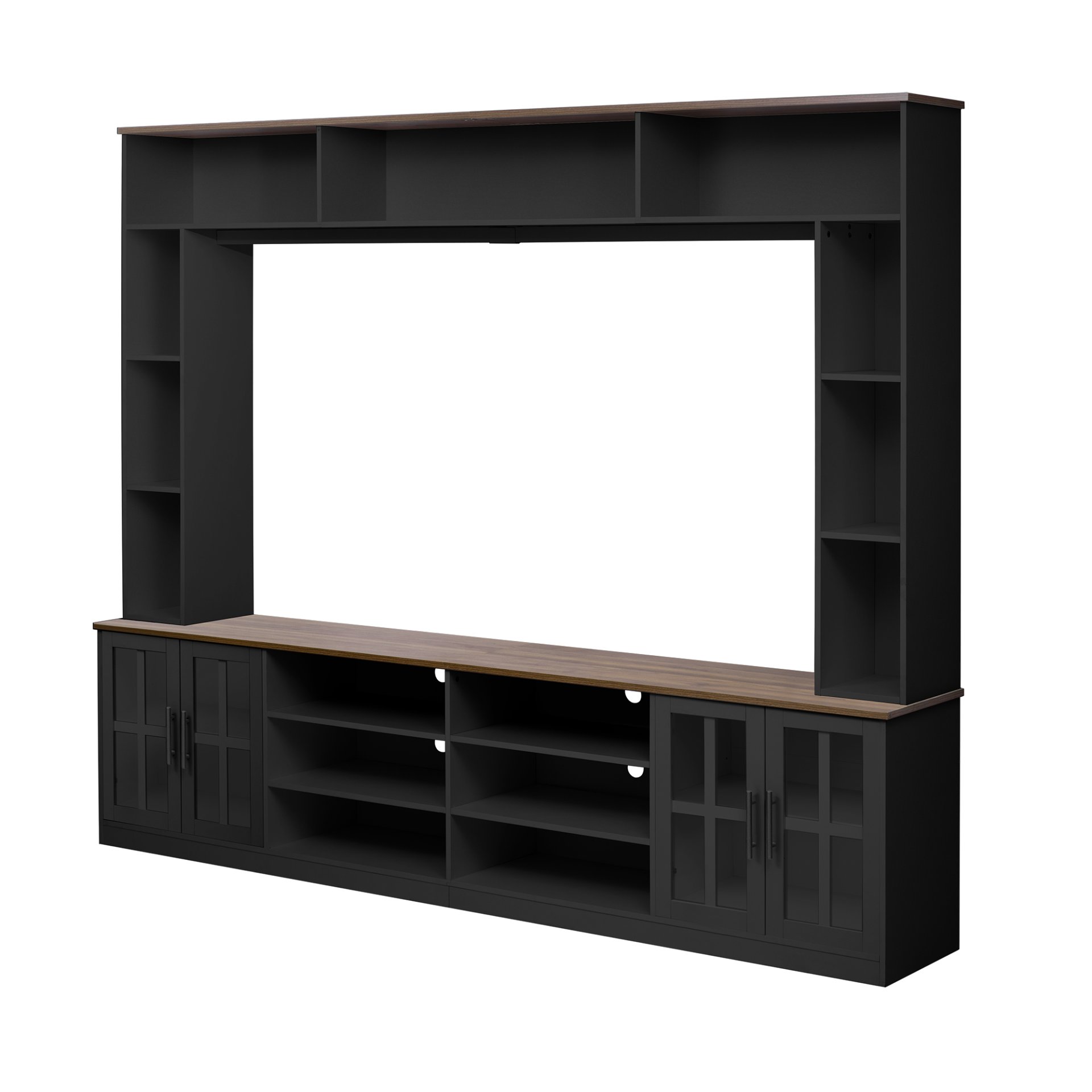 Wall Unit Entertainment Center With Bookshelves For TVs Up To 80", Modern TV Stand Media Console With Cabinets, Tempered Glass Doors And Adjustable Shelves For Living Room - Black - Image 11