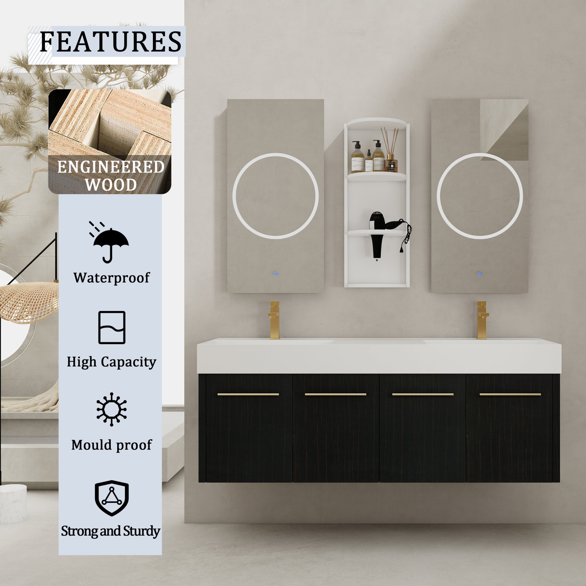 Modern Wall Mounted Bathroom Vanity With Double Resin Sink And Storage Rack - Black Chestnut - Image 4