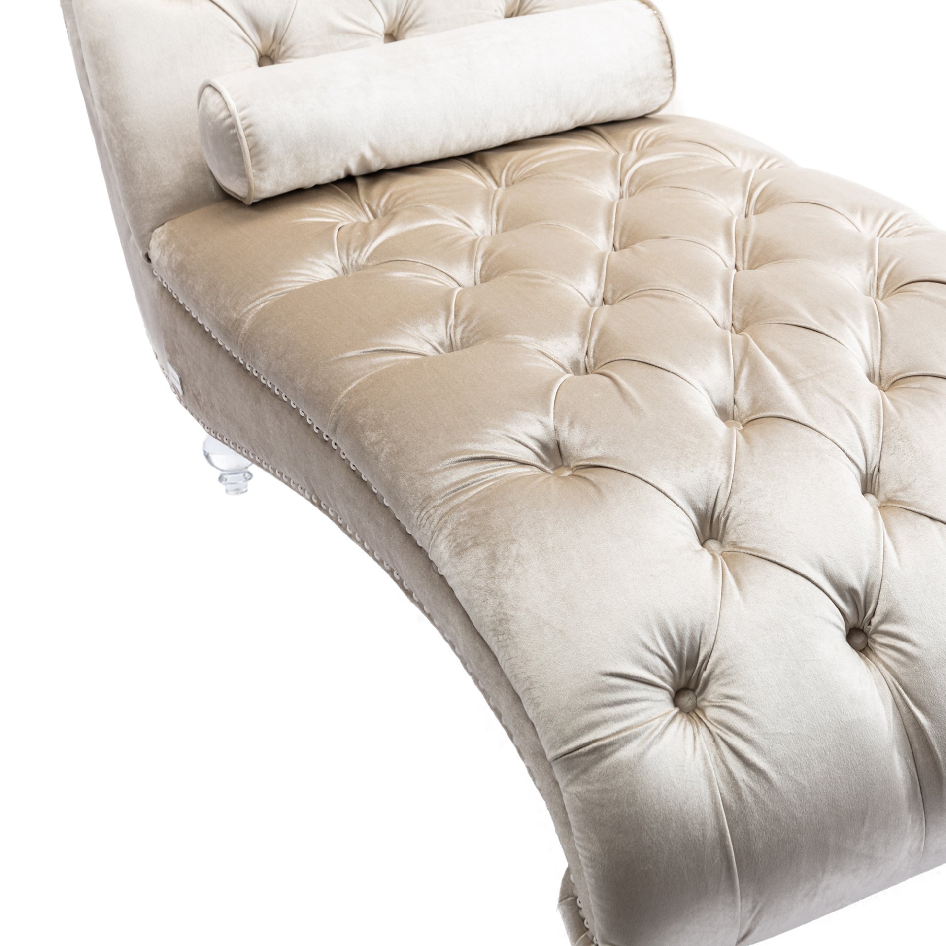 Velvet Chaise Lounge Indoor, Button Tufted Upholstered Chair With Pillow - Beige - Image 15
