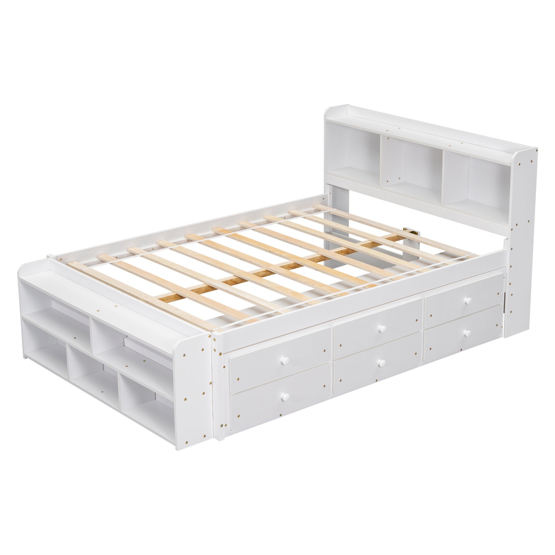 Full Bed With Bookcase Headboard, Under Bed Storage Drawers And Bed End Storage Case - White - Image 13