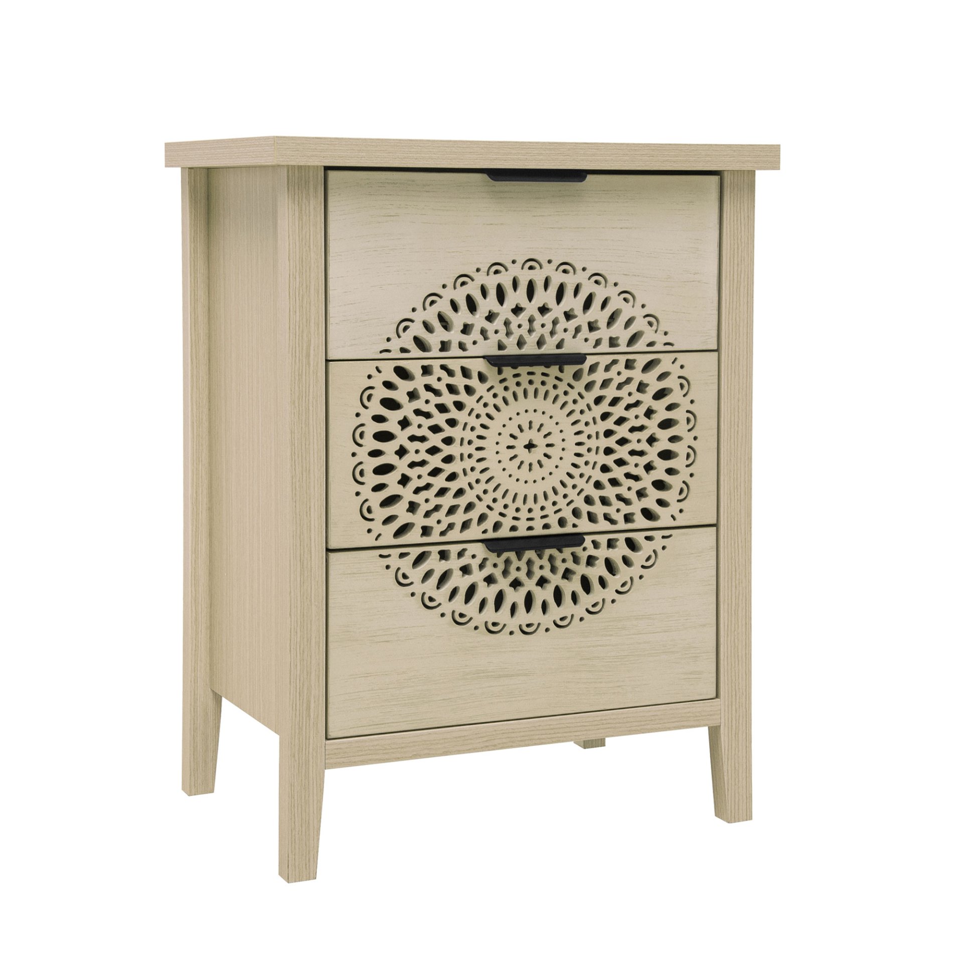 Hollow Carved 3 Drawer Cabinet Dresser Storage Chest With Metal Handles For Living Room Bedroom - Natural - Image 7