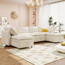Versatile 6 Piece Modular Sofa Bed With Storage, Stylish Faux Double Layer Cushions, Comfortable & Durable Design, Perfect For Any Living Space - Beige