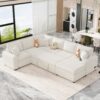 Sectional Sofa Pull-Out Sofa Bed Sleeper With A Storage Ottoman, Three Pillows And Charging Devices For Living Room - Cream - Image 2
