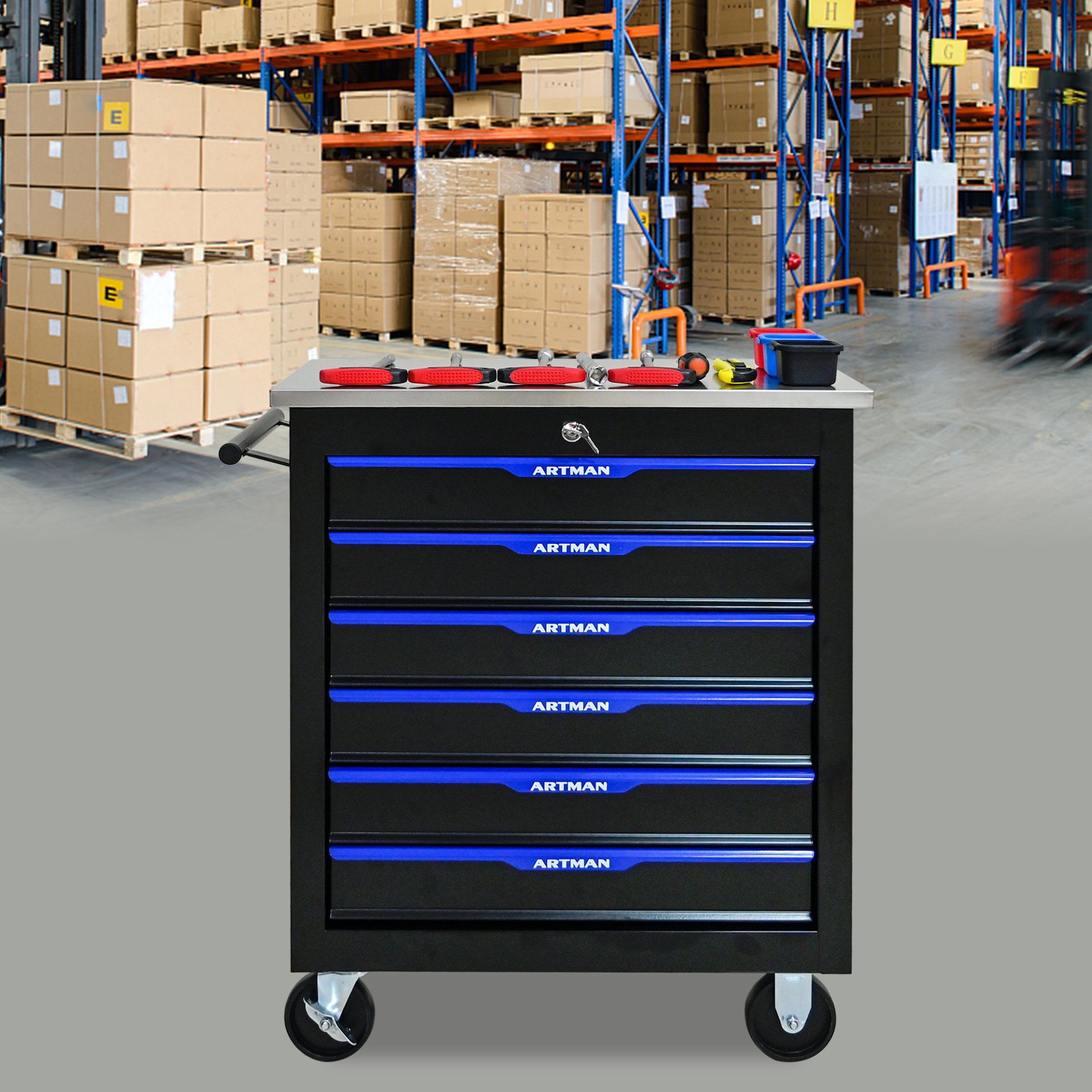 6 Drawer Multifunctional Tool Cart With Wheels - Black / Blue - Image 12