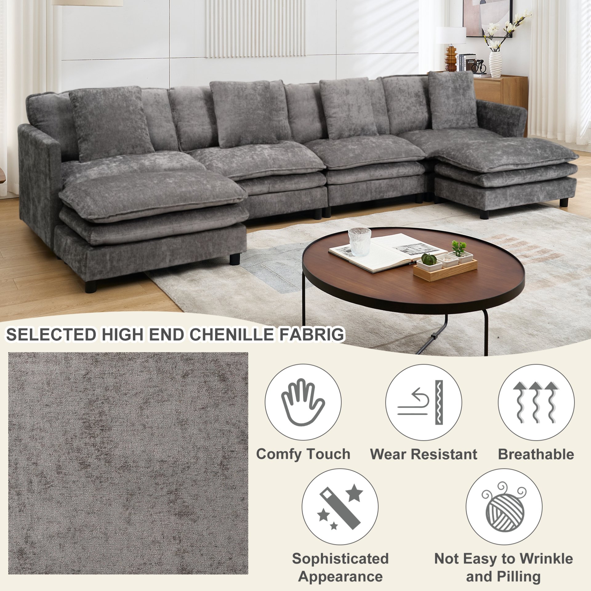 Modular U Shaped Sofa, With Adjustable Layout For Comfort And Durability - Gray - Image 4