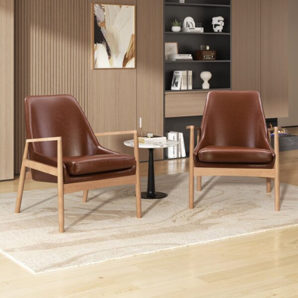 Accent Chair (Set of 2) Mid-Century Modern Armchair With Solid Wood Frame, Reading Leisure Chair With High Back For Living Room - Brown