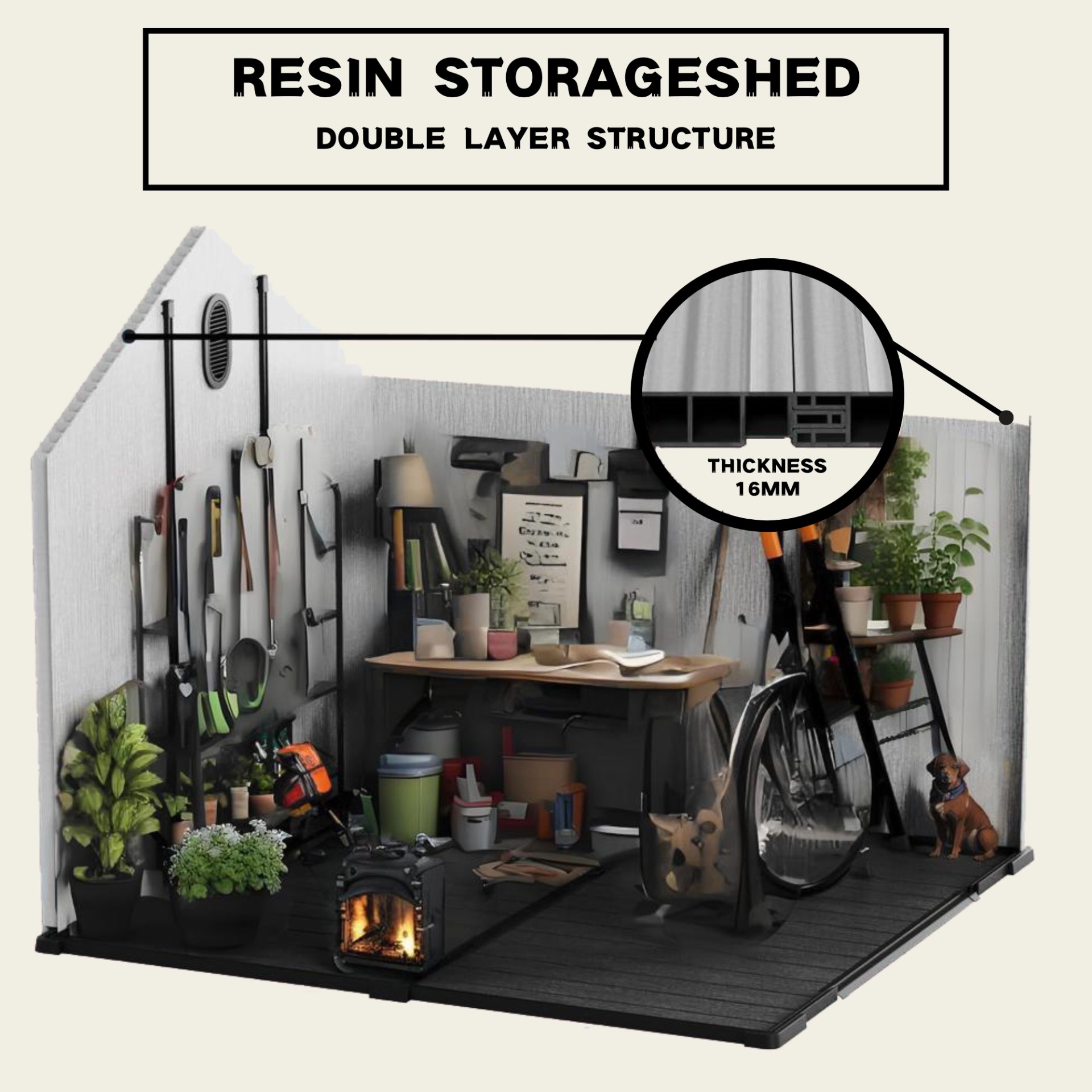 Modern Resin Plastic Storage Shed 6X8Ft For Backyard Garden Tool Storage - Black / Gray - Image 6