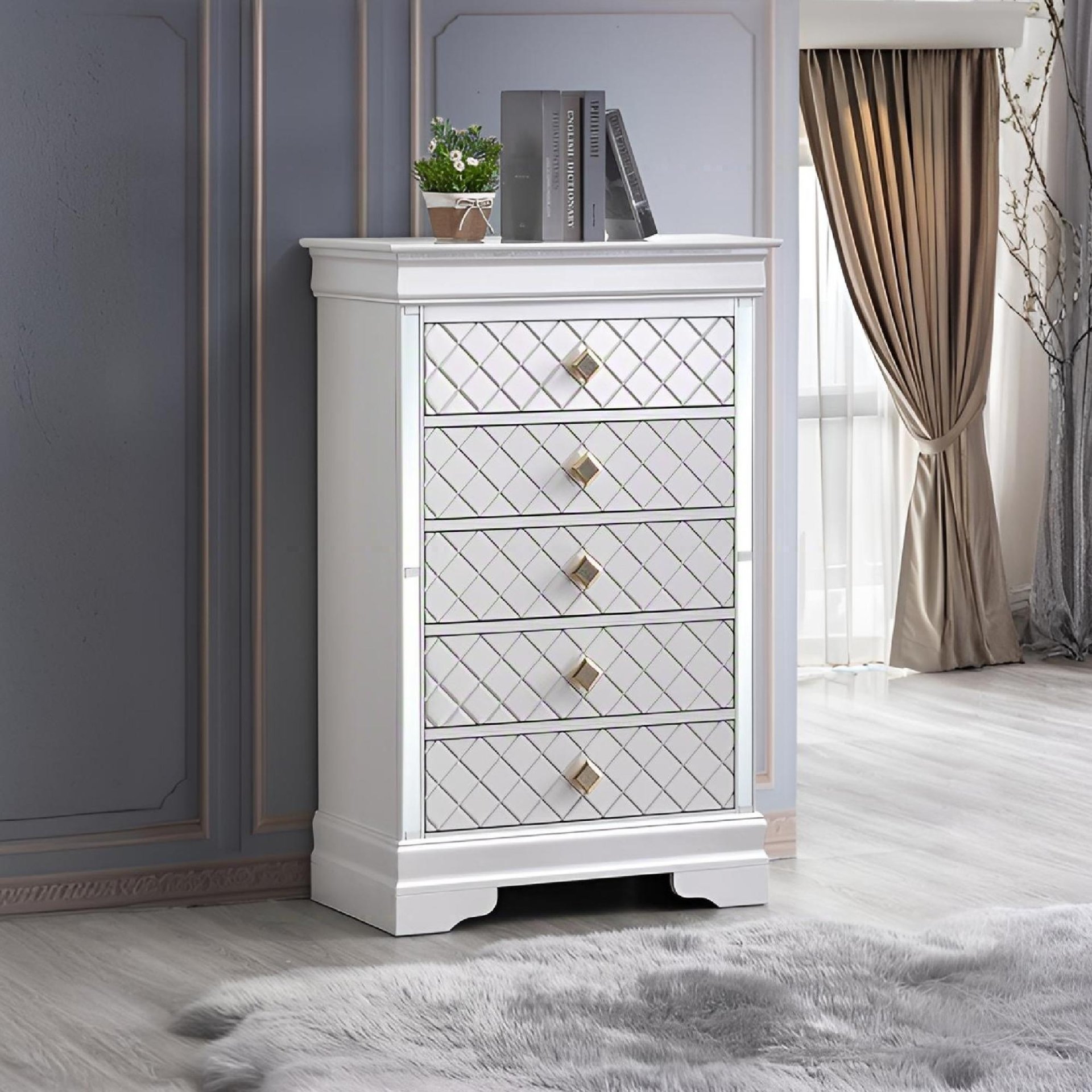 Verona - Chest With Gold Handles And Faux Crystal - White - Image 2