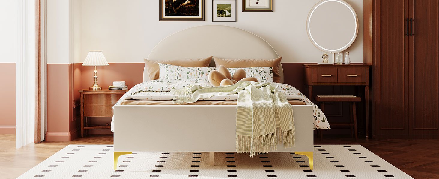 Full Size Upholstered Platform Bed With Classic Semi-Circle Shaped Headboard And Mental Legs - Beige - Image 12