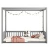 Full Size Canopy Frame Floor Bed With Fence, Guardrails - Gray - Image 13