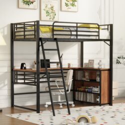 Twin Size Loft Bed With 3 Layers Of Shelves And L-Shaped Desk - Black