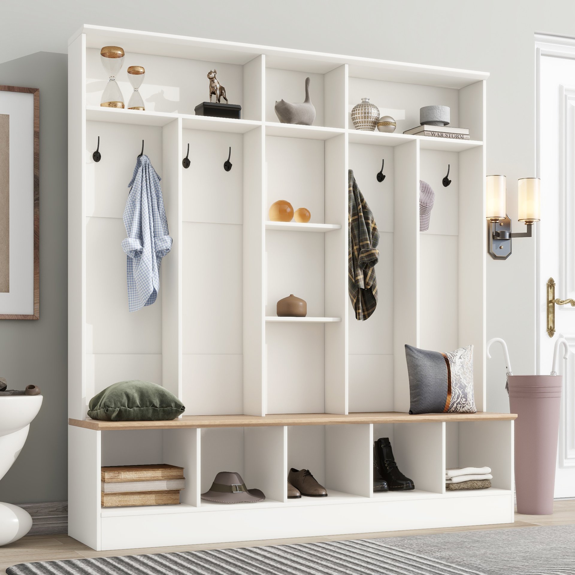 Wide Design Hall Tree With Storage Bench, Minimalist Shoe Cabinet With Cube Storage & Shelves, Multifunctional Coat Rack With 8 Hooks For Entryways, Mudroom - White - Image 2
