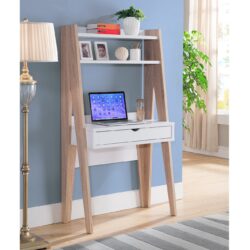 Ladder Desk Two Tone, Home Office Study Desk With Drawer And Two Shelves - White / Weathered White