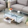 Modern 2 Tier Coffee Table With Clear Tempered Glass And Marble Texture Multifunctional Storage Design - Transparent / White - Image 4