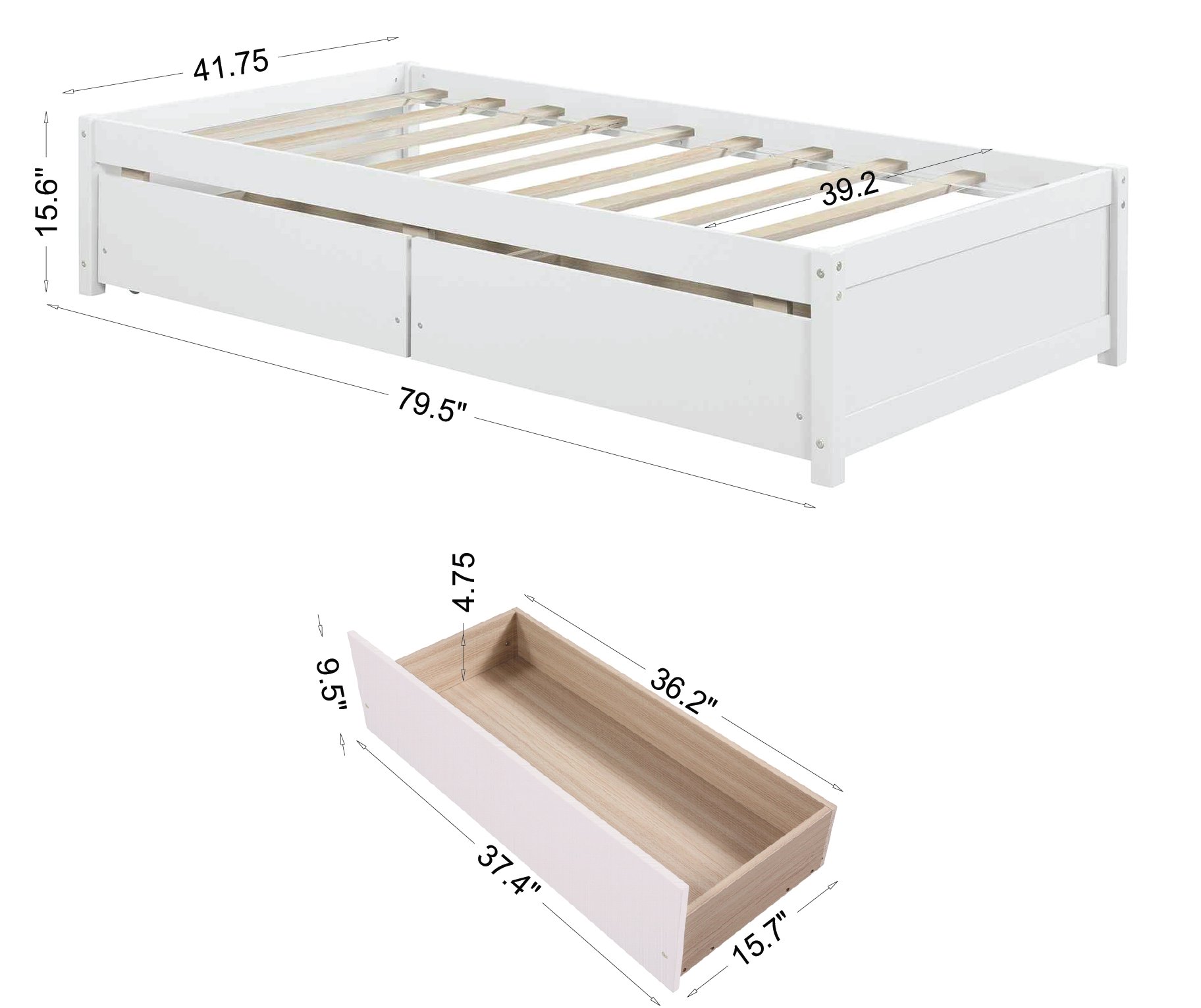 Twin Bed With 2 Drawers, Solid Wood, No Box Spring Needed - White - Image 10
