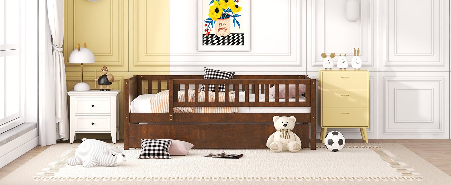 Twin Size Daybed With Trundle And Fence Guardrails - Walnut - Image 18