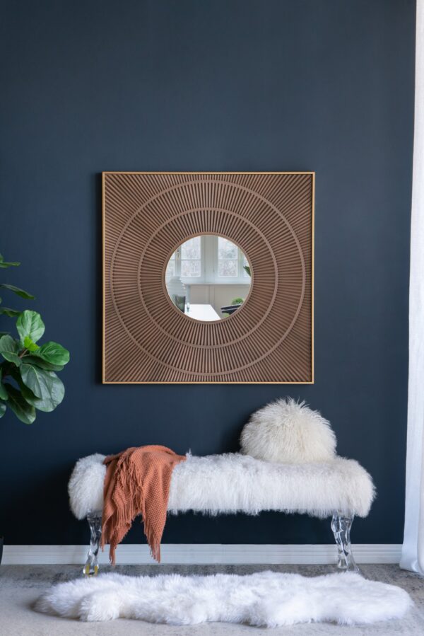 Square Carved Mirror With Pleated Design WithIron Frame, Neutral Colorway Wall Decor For Living Room Bathroom Entryway - Brown