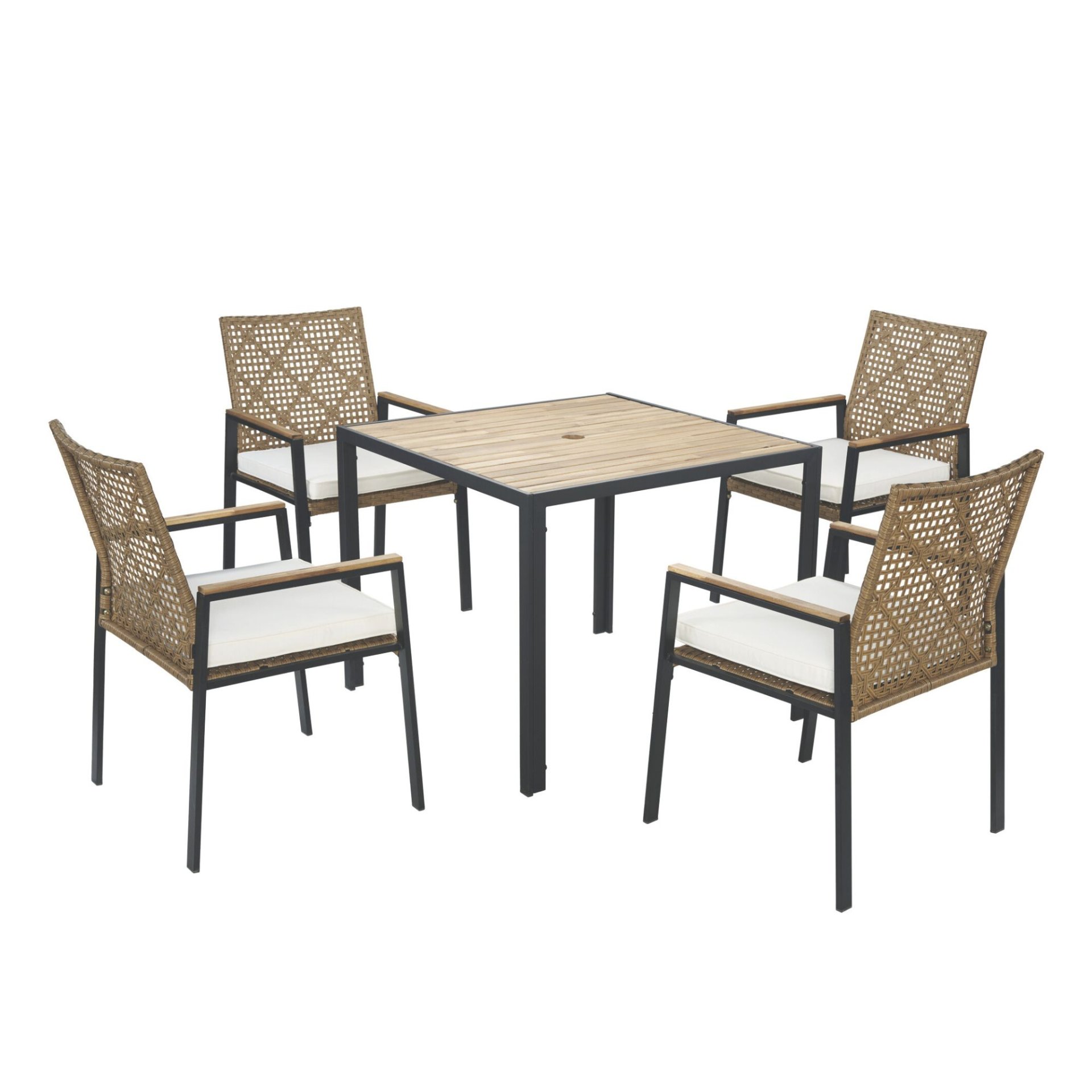 All Weather Patio Dining Table Set With Top And Umbrella Hole - Rattan Outdoor Furniture - Yellow - Image 20