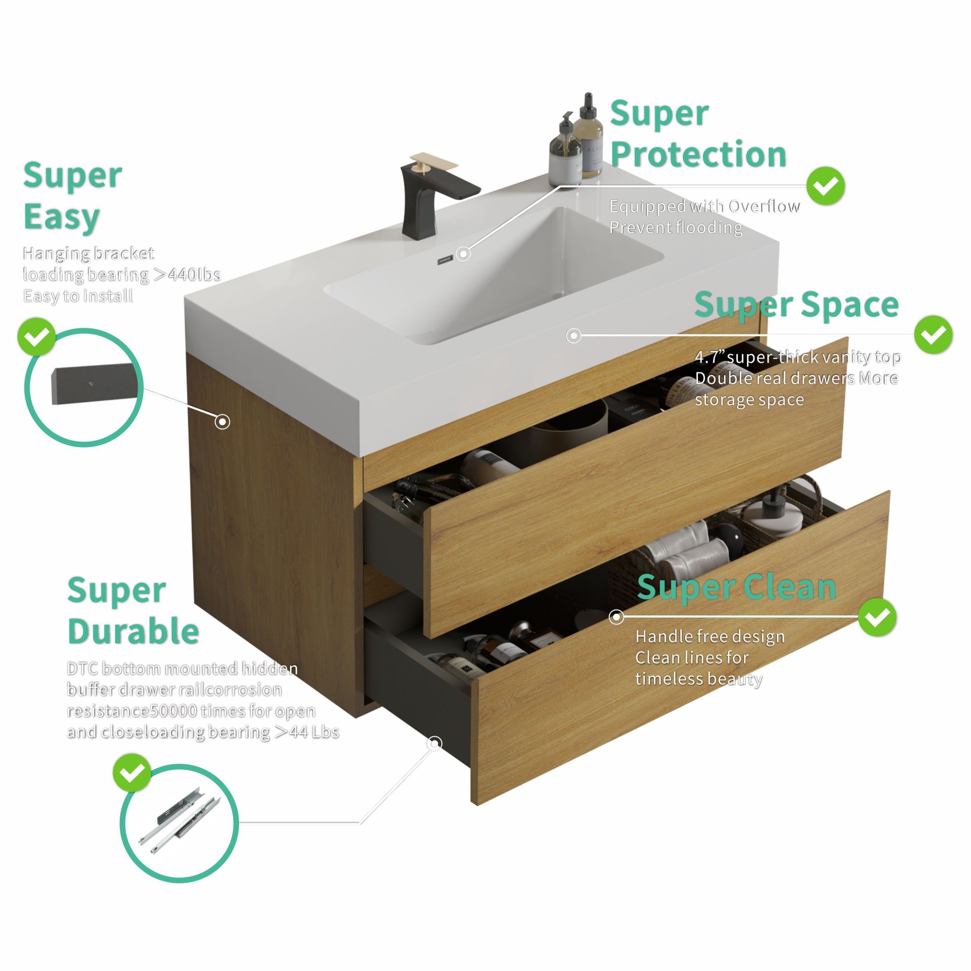 Alice - U041-Alice30-106 Bathroom Vanity With Sink, Large Storage Wall Mounted Floating Bathroom Vanity For Modern Bathroom - Oak / White - Image 10