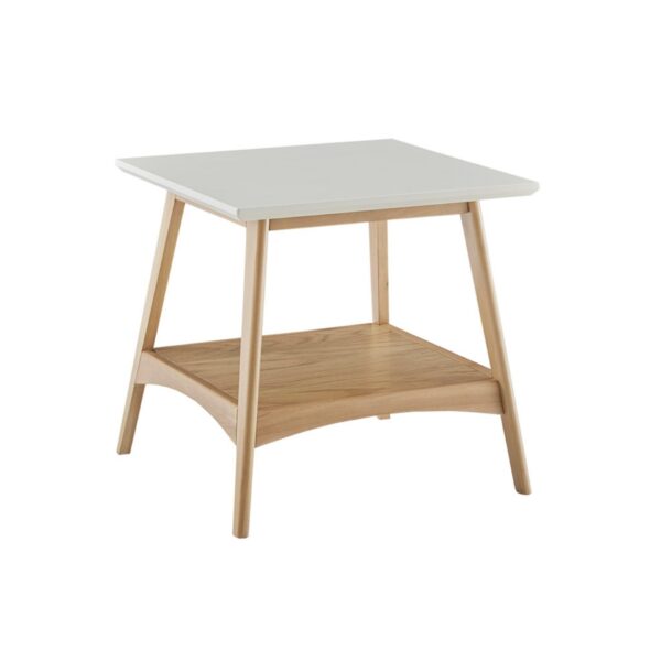 Mid - Century End Table With Storage Shelf - Off White / Natural