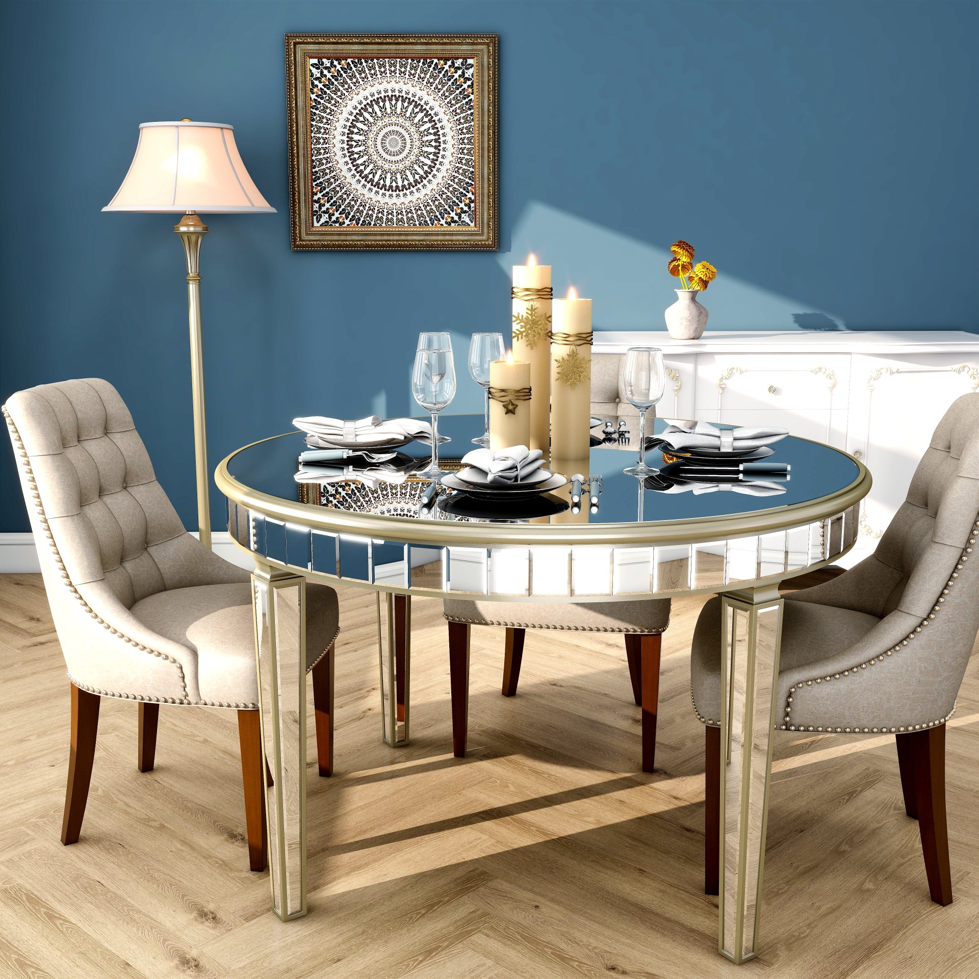 Round Glass Dining Table With Mirror Top - Silver - Image 8