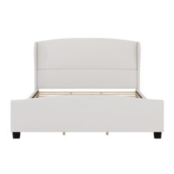 King Size High Headboard Wingback Linen Upholstered Bed No Box Spring - Beige