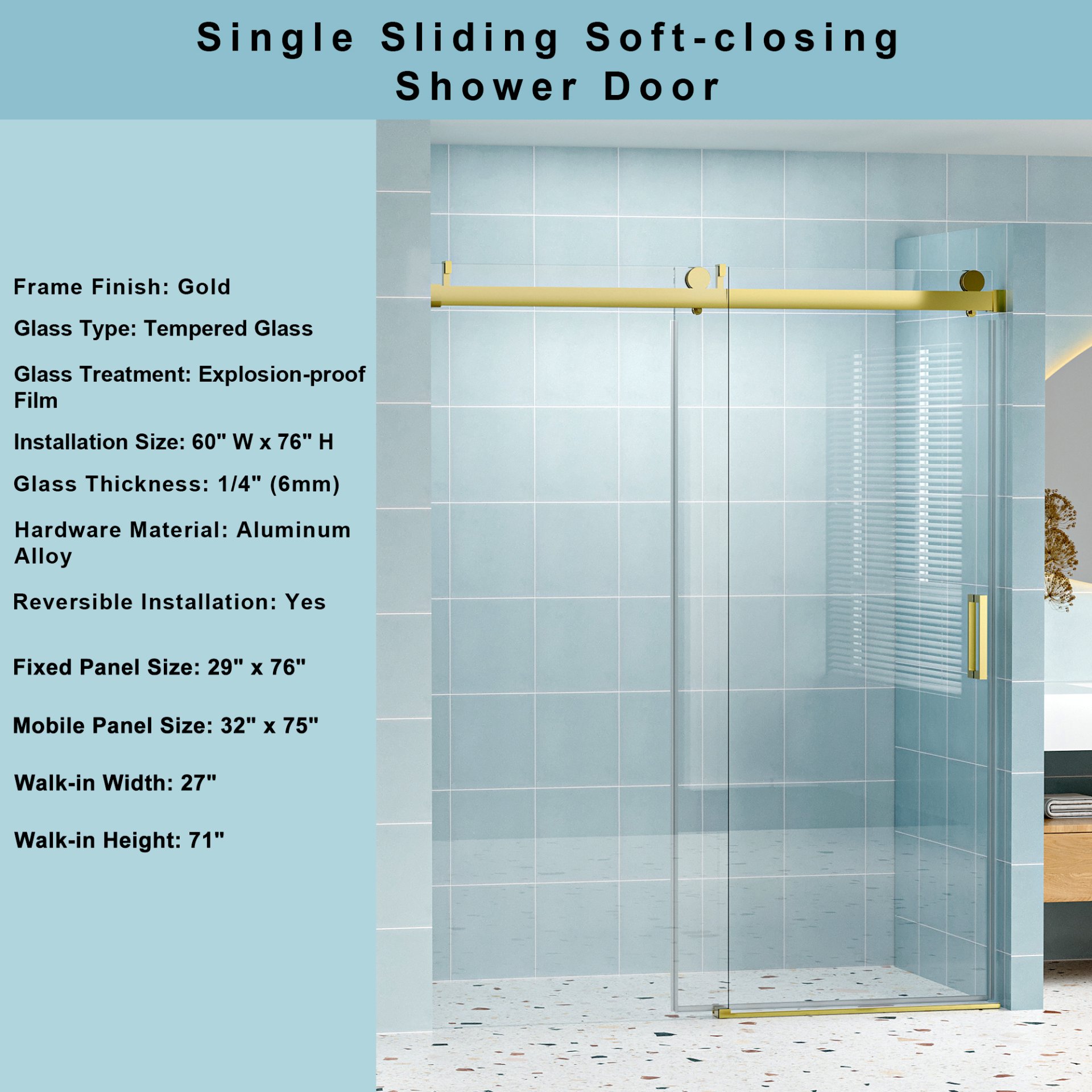 Frameless Soft Closing Single Sliding Shower Door, 1 / 4" (6Mm) Tempered Glass With Explosion Proof Coating Via Express Delivery - Gold - Image 3