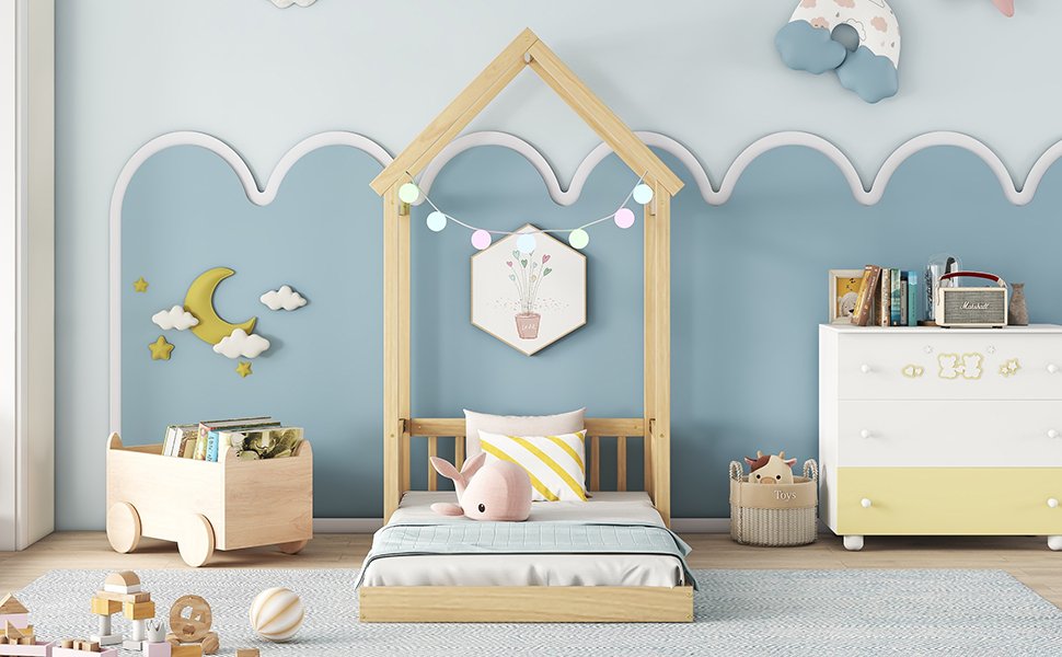 Twin House-Shaped Roof Headboard Floor Bed, (Without Slats) - Natural - Image 7