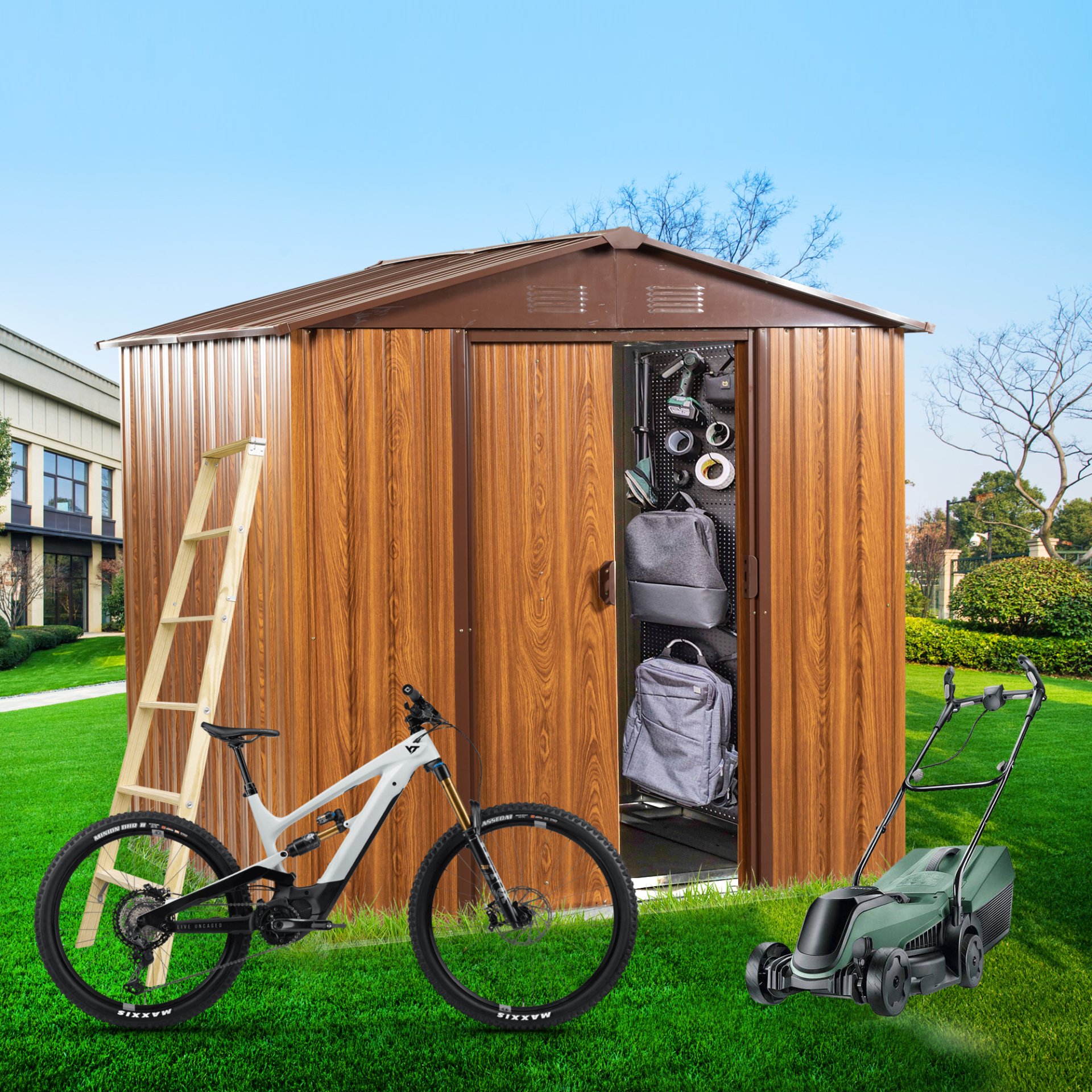 Metal Storage Shed Appealing Horizontal Siding In Woodgrain With Coffee Trim To Complement - Light Brown - Image 4
