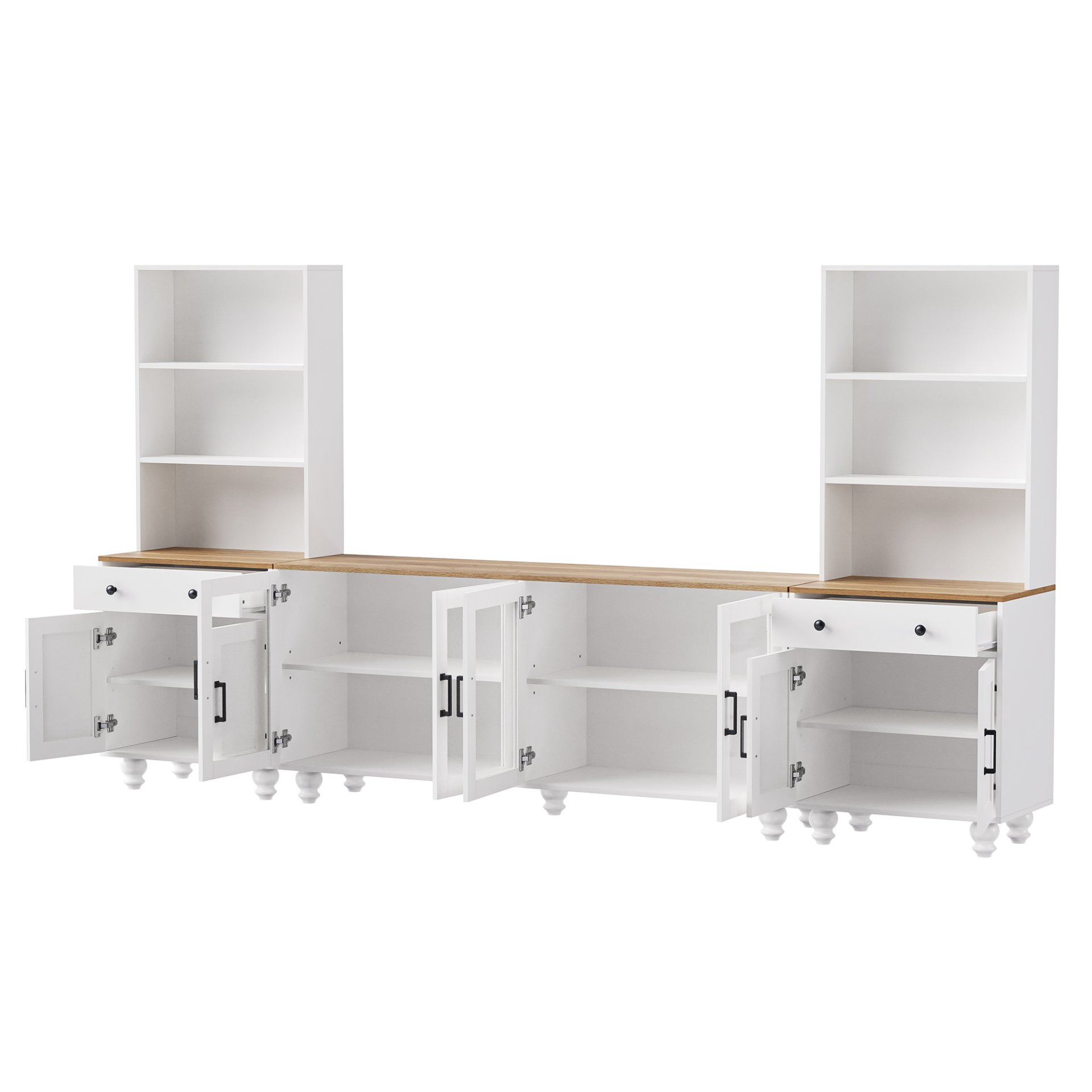 Farmhouse TV Stand With Solid Wood Gourd Shaped Legs For TVs Up To 70", Entertainment Center With Bookshelves & Tempered Glass Doors, Media Console With Adjustable Shelves, Living Room - White / Natural - Image 13