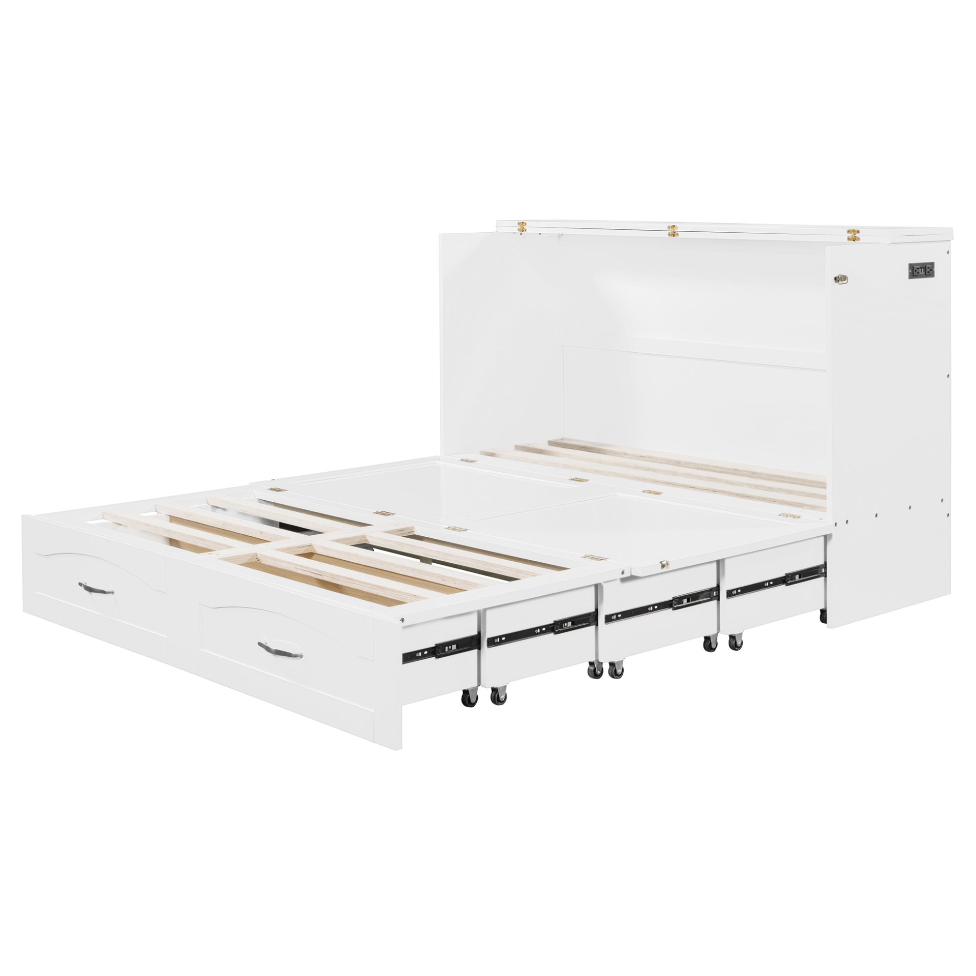 Queen Size Murphy Wall Bed With Drawer And A Set Of Sockets & USB Ports, Pulley Structure Design - White - Image 15