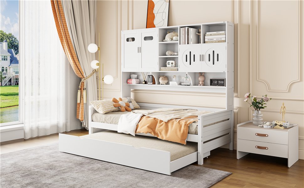 Twin Size Wooden Daybed With Twin Size Trundle, And All In One Cabinet And Shelf - White - Image 15