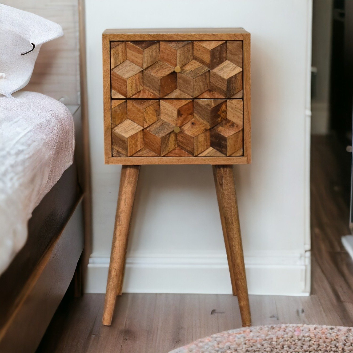 Mini Cube Carved 2 Drawer Nightstand - Oak - Image 12