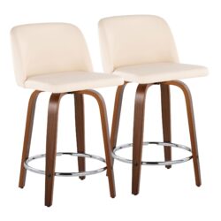 Toriano - Mid-Century Modern Fixed Height Counter Stool With Swivel With Round Footrest (Set of 2) - Walnut / Cream