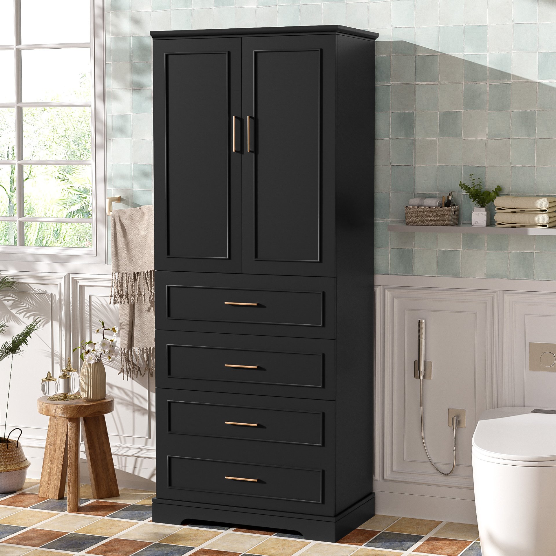 Bathroom Cabinet With 3 Drawers, Adjustable Shelf, Panels, Steel Handles, Soft Close Doors - Black - Image 5