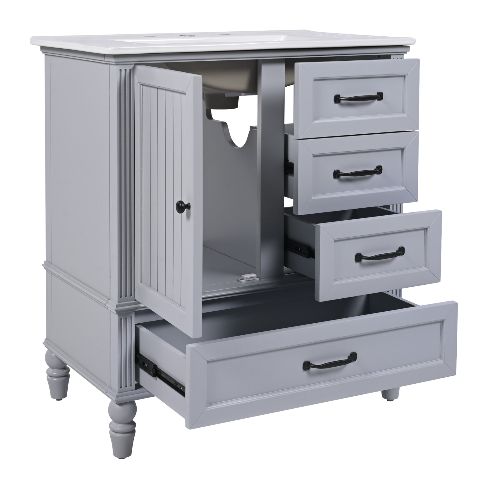 30" Bathroom Vanity With Sink, Bathroom Cabinet With A Door, 3 Drawers Legs, Adiustable Foot Pads - Gray - Image 14