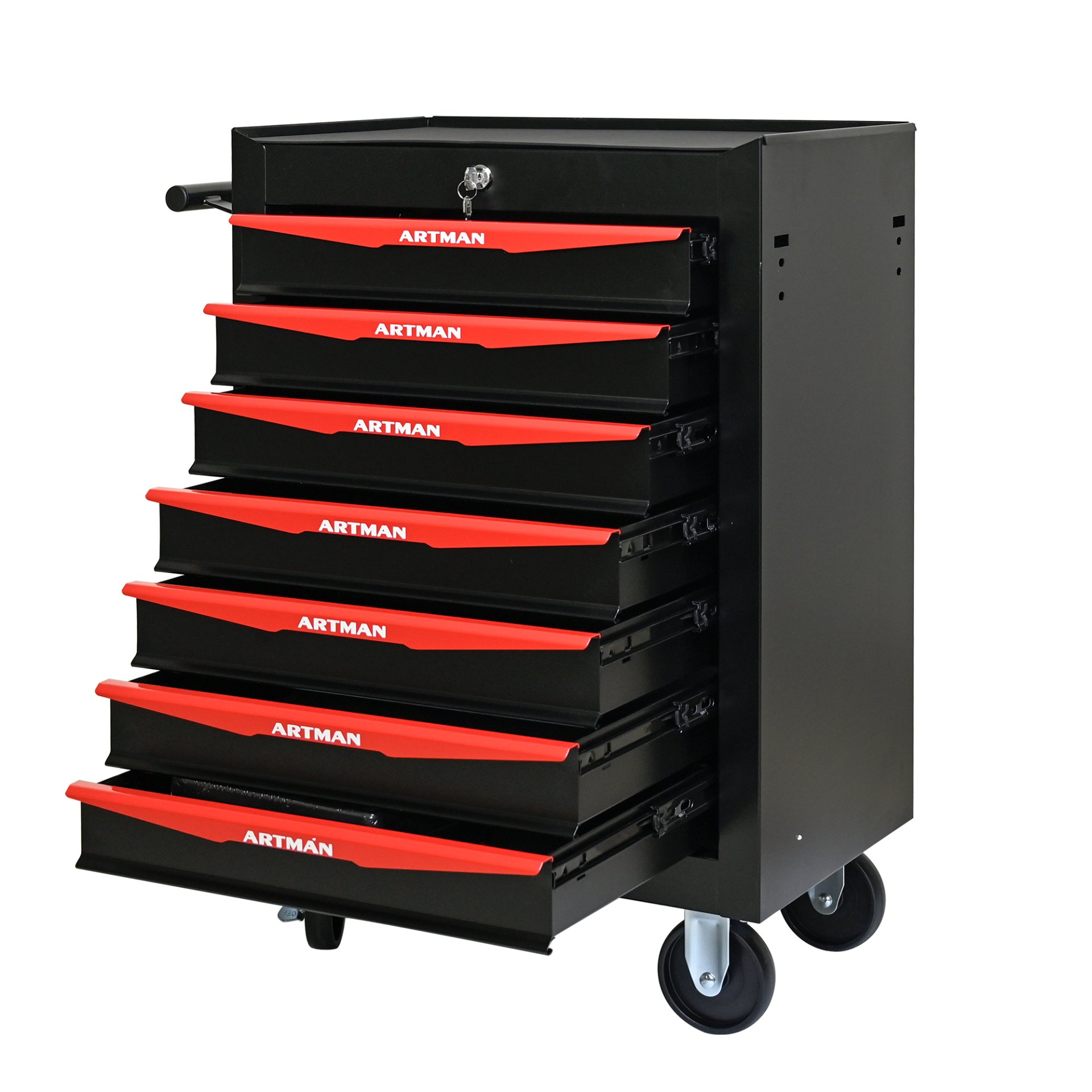 Rolling Metal Tool Chest With 7 Drawers, Steel Storage Cabinet With Ball Bearing Slides - Black / Red - Image 12