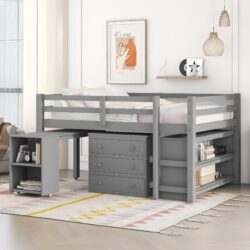 Full Loft Low Study Bed With Cabinet, Shelves And Rolling Portable Desk, Multiple Functions- Gray