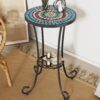 Vibrant Patio Side Table With Shelf, Floral Design Ceramic Tile - Blue / Black - Image 2