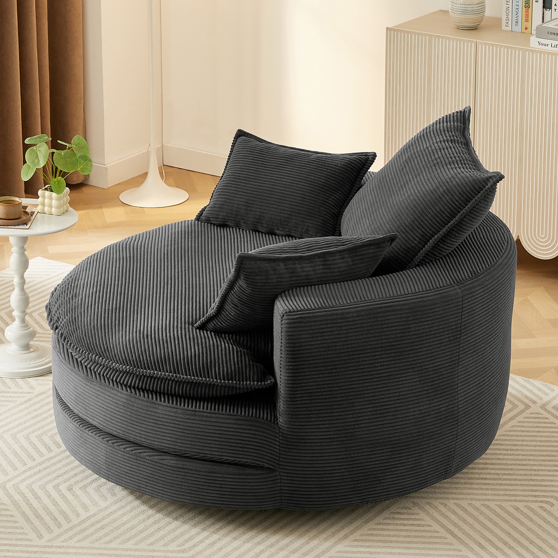 Modern 360° Swivel Sofa Chair With Dual Layer Cushion And Removable Pillows Corduroy - Black - Image 12