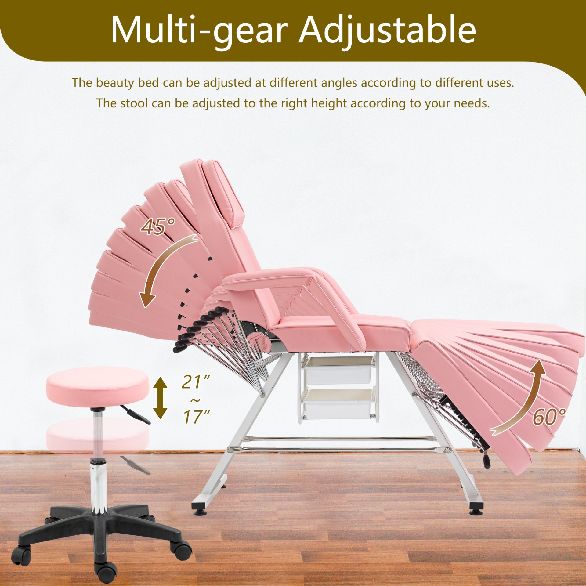 Massage Salon Tattoo Chair With Two Trays Esthetician Bed With Hydraulic Stool, Multi-Purpose 3-Section Facial Bed Table, Adjustable Beauty Barber Spa Beauty Equipment - Pink - Image 7