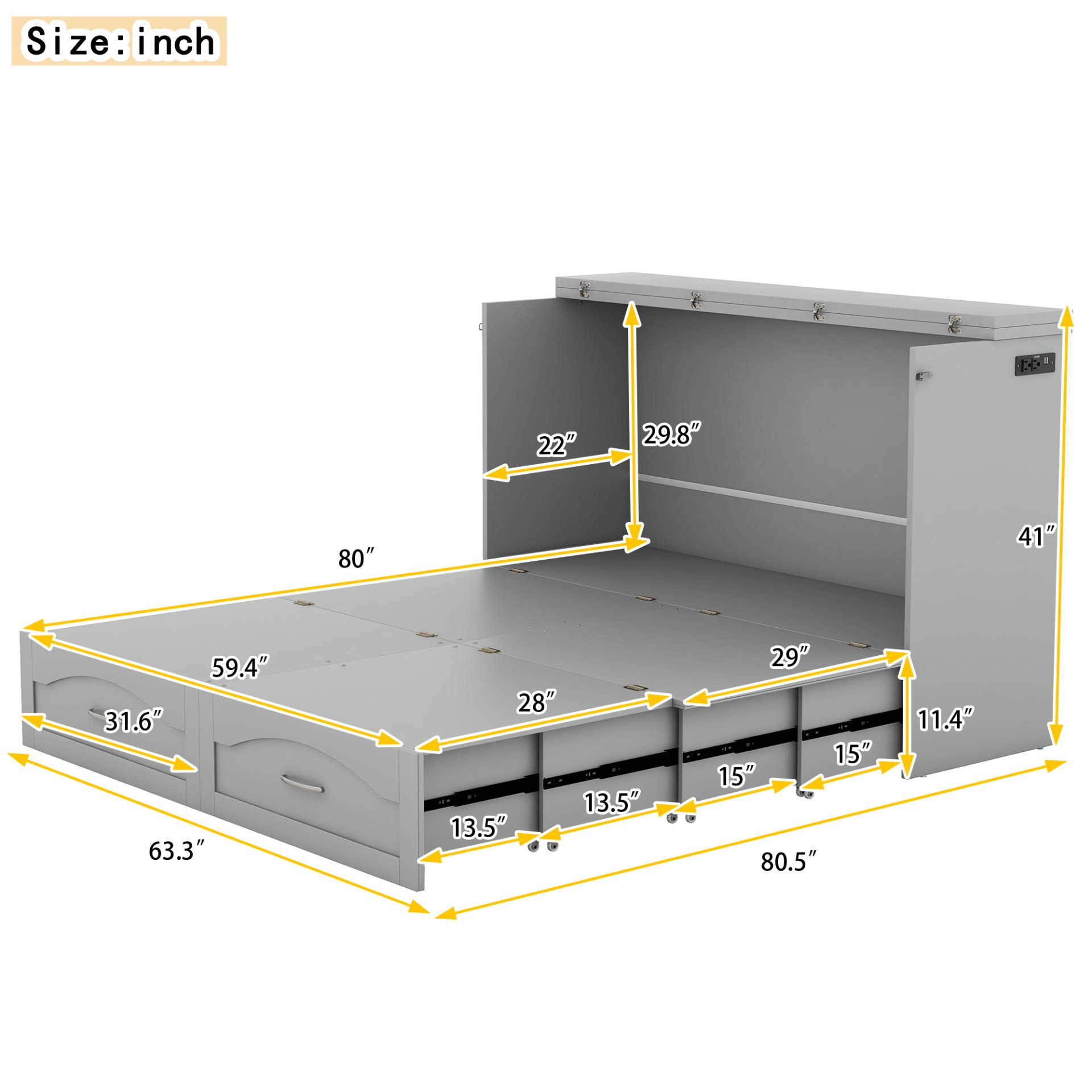 Queen Size Murphy Wall Bed With Drawer And A Set Of Sockets & USB Ports, Pulley Structure Design - Gray - Image 6