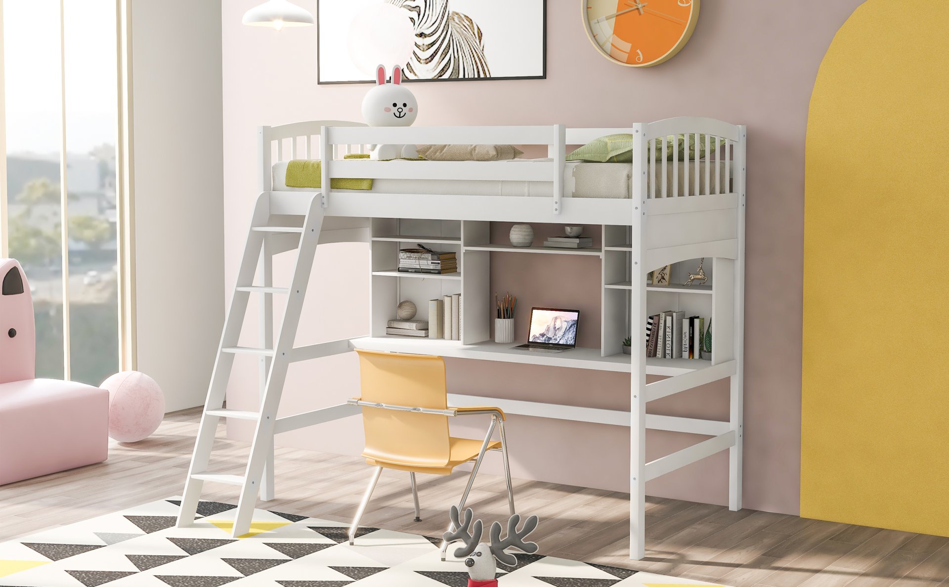 Twin Size Loft Bed With Storage Shelves, Desk And Ladder - White - Image 3