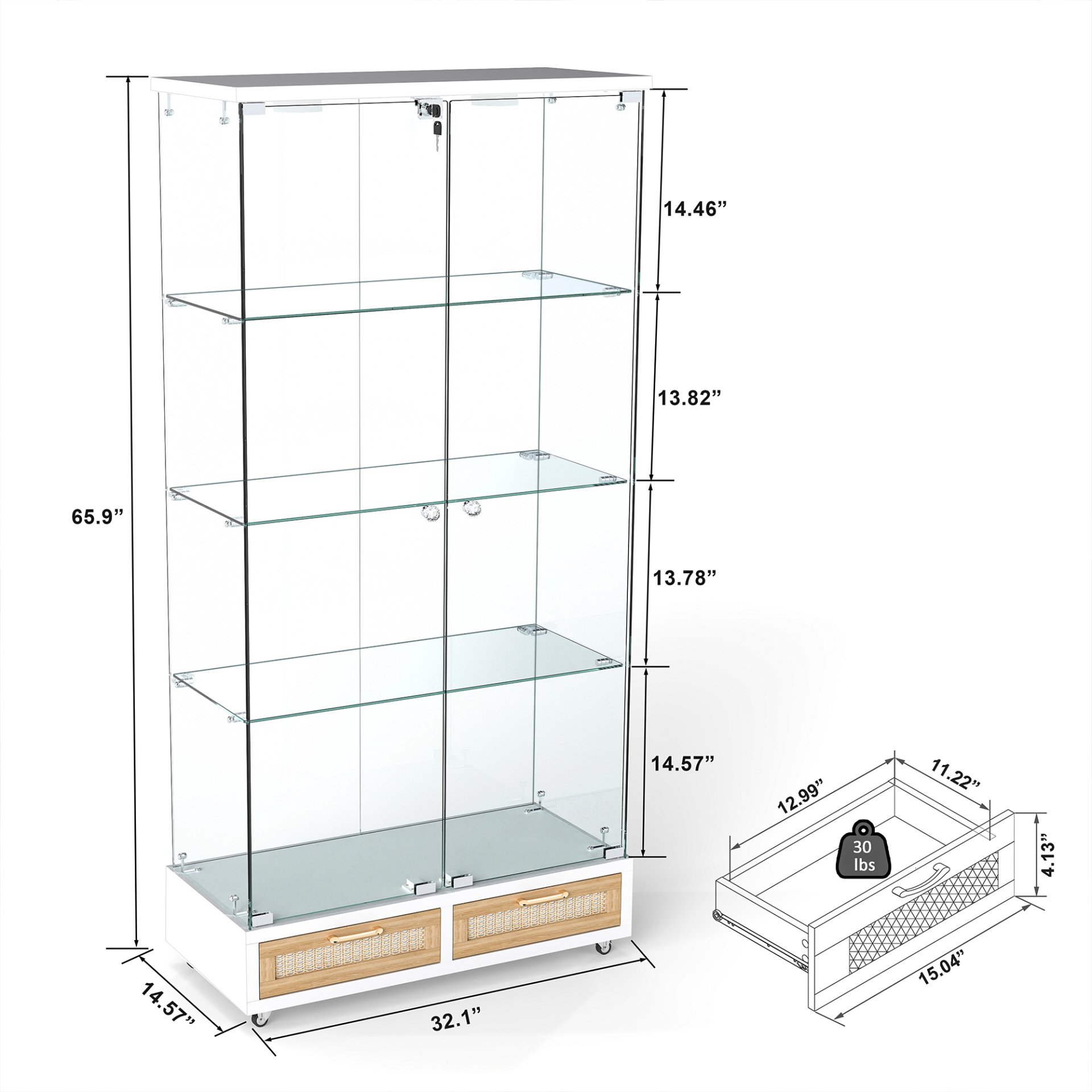 Glass Display Cabinet With LED Lights, Tempered Glass Doors, Large Drawers, 2 Door Storage Case With 4 Shelves - Natural / White - Image 3