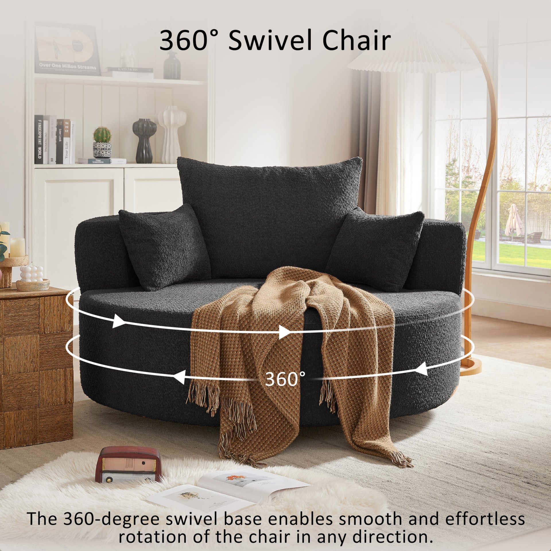 360 Degree Swivel Accent Barrel Chair With Removable Pillows - Black - Image 5