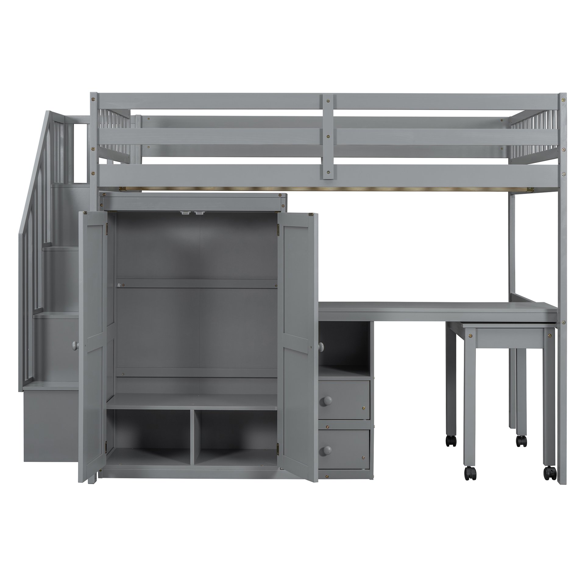 Full Size Loft Bed With Stairs, Bookshelf, Drawers, Desk & Wardrobe, Space Saving Multifunctional Furniture - Gray - Image 6