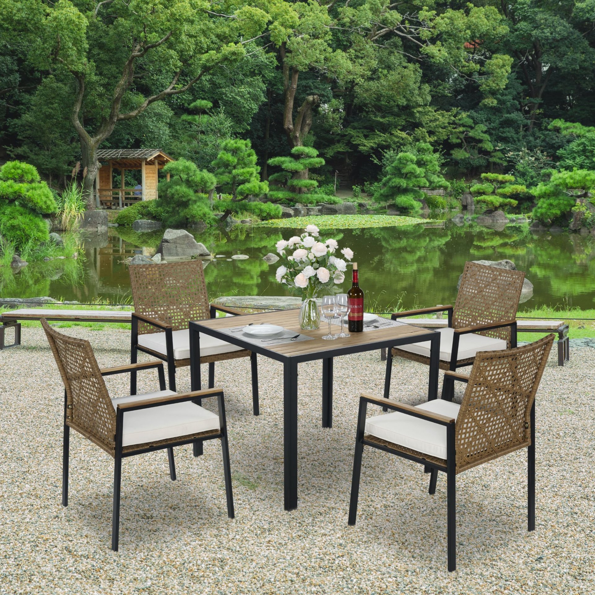 All Weather Patio Dining Table Set With Top And Umbrella Hole - Rattan Outdoor Furniture - Yellow - Image 18