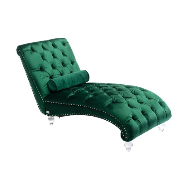 Velvet Button Tufted Upholstered Chaise Lounge Chair With Pillow For Bedroom Living Room Office - Emerald