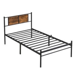 Modern Twin Size Metal Bedframe With Wood Panel Headboard - Black / Brown